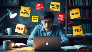 Confused male blogger surrounded by blogging mistakes and SEO errors — highlighting common mistakes with a niche blog.