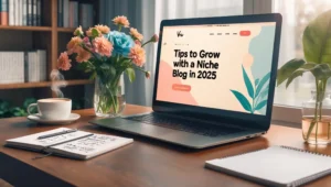 Male blogger analyzing blog growth stats on laptop with SEO and content strategy icons around — representing tips to grow with a niche blog in 2025.