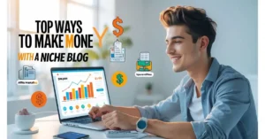 Male blogger viewing rising blog earnings with symbols of AdSense, affiliate marketing, and digital products — showing ways to make money with a niche blog.